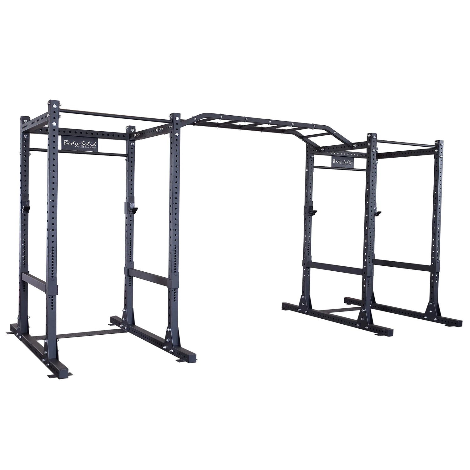 Body-Solid Pro ClubLine Double Commercial Power Rack SPR1000DB, featuring a sturdy black frame with multiple pull-up bars and adjustable components for versatile gym use.