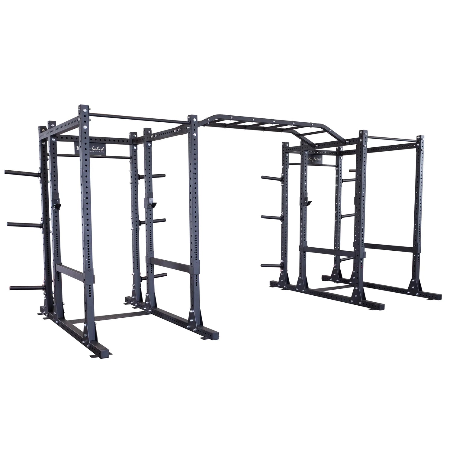 Image of the Body-Solid Pro ClubLine Double Extended Commercial Power Rack SPR1000DBBACK, featuring a sturdy steel construction with multiple bars and support structures designed for strength training and workouts.