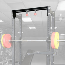 Image of the Body-Solid Pro ClubLine Dual Chin-Up Bar SPRDCB mounted on a power rack, featuring a black bar with two pink grips, alongside a barbell with colorful weight plates.