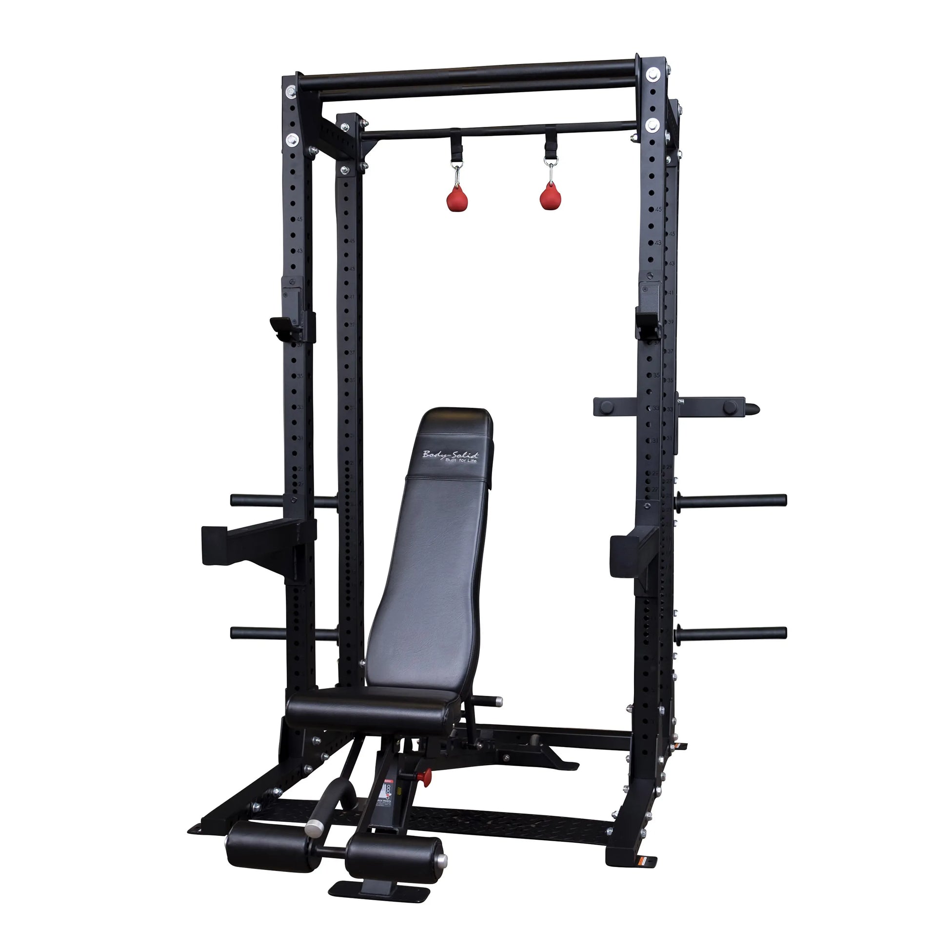 Body-Solid Pro ClubLine Extended Commercial Half Rack SPR500BACK with an adjustable bench and additional attachments for versatile workout options.