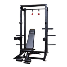 Body-Solid Pro ClubLine Extended Commercial Half Rack SPR500BACK with an adjustable bench and additional attachments for versatile workout options.