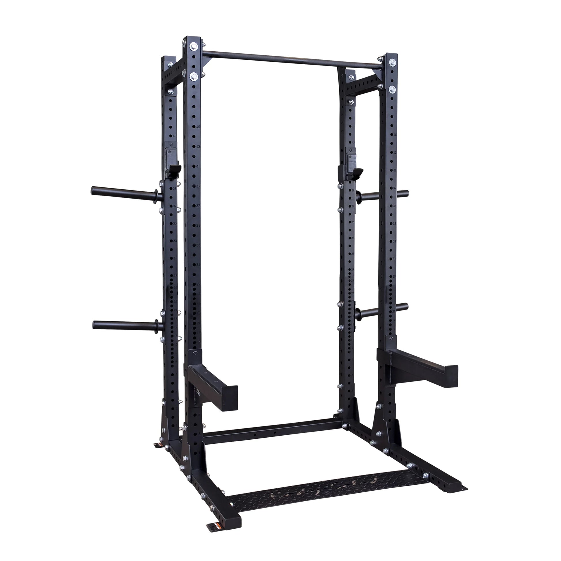 Body-Solid Pro ClubLine Extended Commercial Half Rack SPR500BACK, a sturdy black fitness equipment with adjustable features for weightlifting.