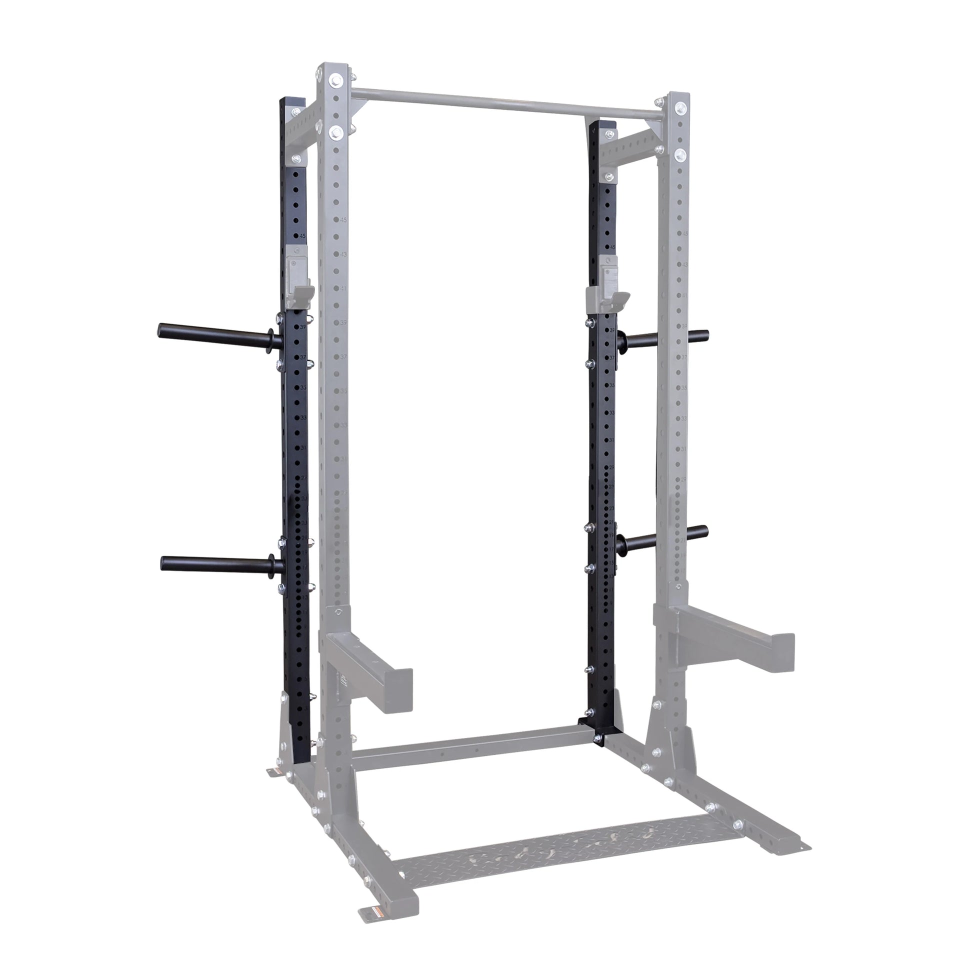 Body-Solid Pro ClubLine Extended Commercial Half Rack SPR500BACK, featuring a robust frame with adjustable weight supports and storage pegs, designed for heavy-duty gym use.