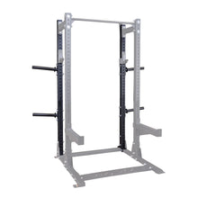 Body-Solid Pro ClubLine Extended Commercial Half Rack SPR500BACK, featuring a robust frame with adjustable weight supports and storage pegs, designed for heavy-duty gym use.