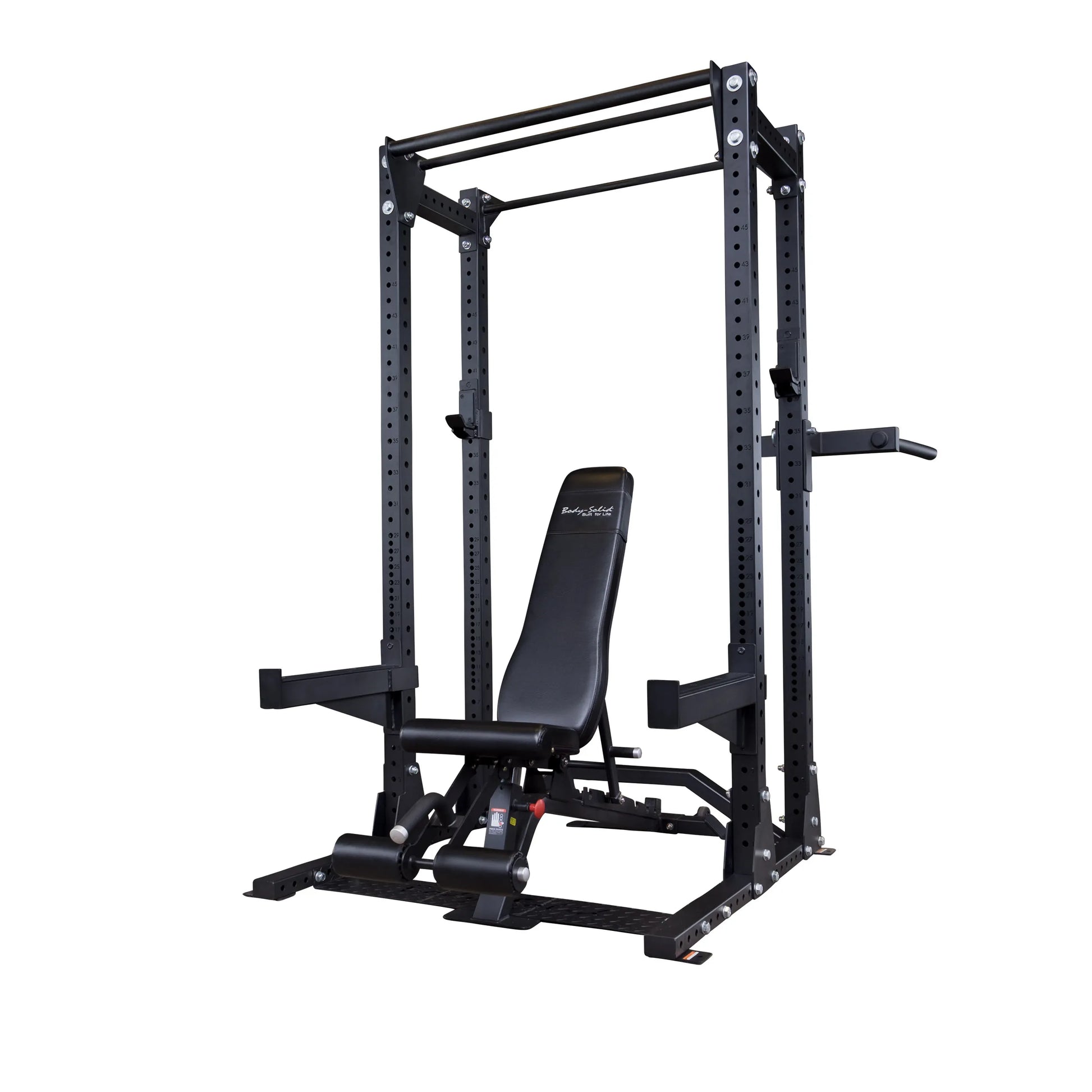 An image of the Body-Solid Pro ClubLine Extended Commercial Half Rack SPR500BACK, featuring a sturdy black frame with adjustable components and an incline bench set inside.
