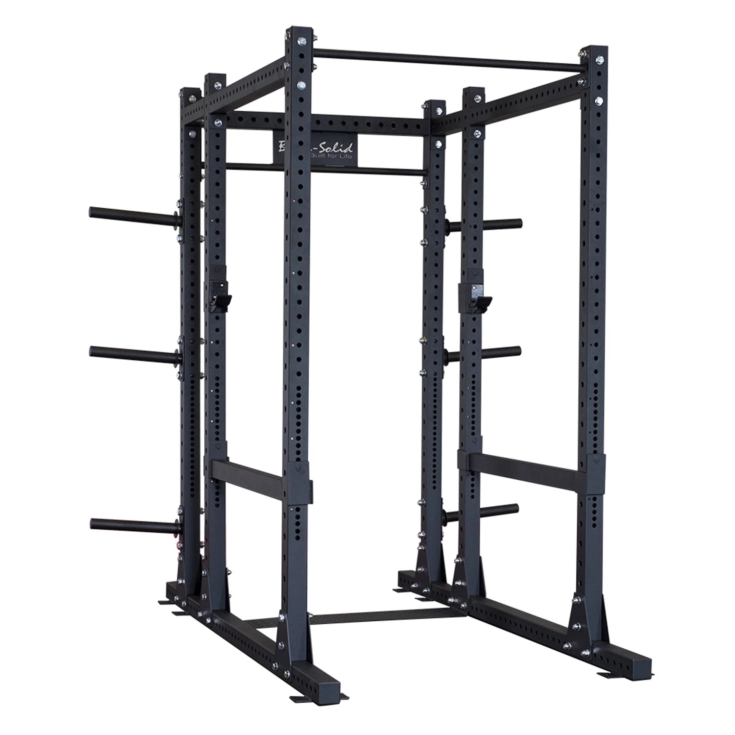 Image of a Body-Solid Pro ClubLine Extended Commercial Power Rack SPR1000BACK, featuring a sturdy black metal frame with multiple adjustment holes and safety bars.
