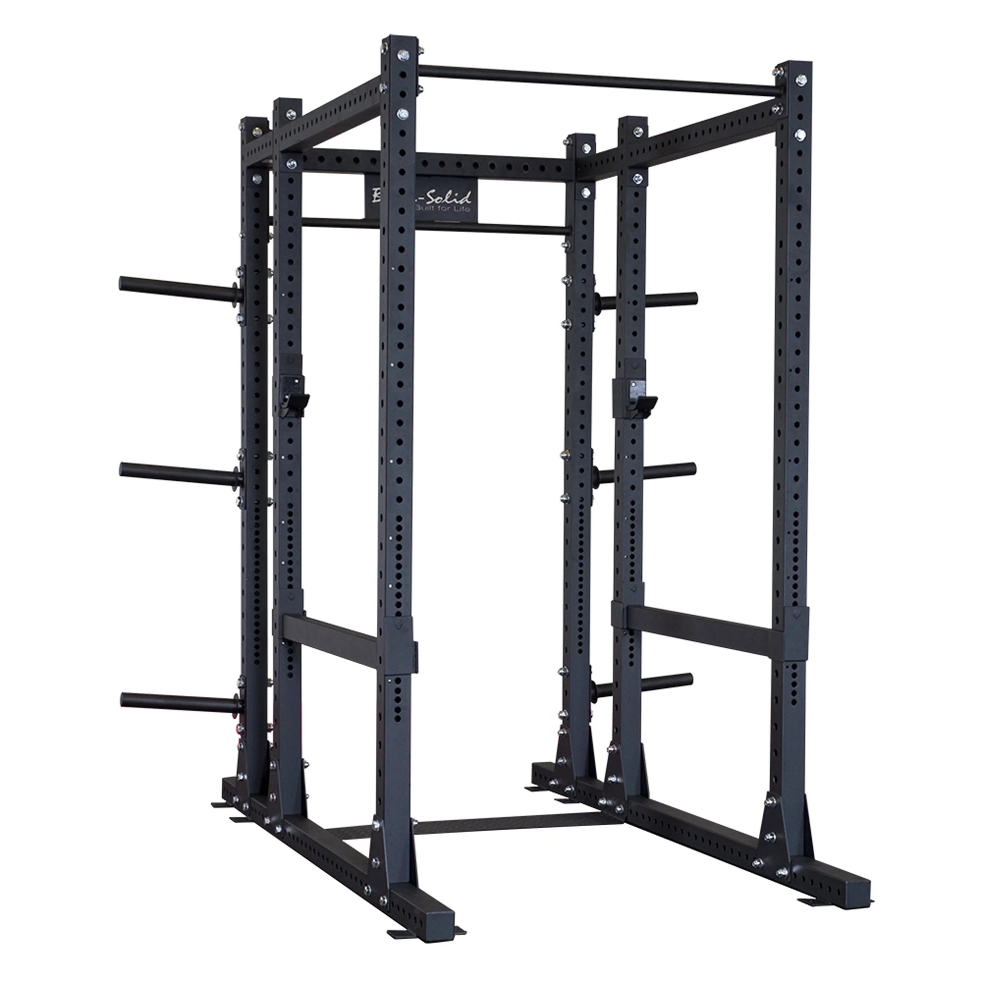 Image of a Body-Solid Pro ClubLine Extended Commercial Power Rack SPR1000BACK, featuring a sturdy black metal frame with multiple adjustment holes and safety bars.