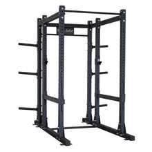 Image of a Body-Solid Pro ClubLine Extended Commercial Power Rack SPR1000BACK, featuring a sturdy black metal frame with multiple adjustment holes and safety bars.