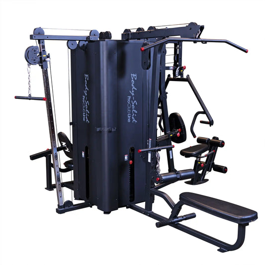 Body-Solid Pro ClubLine Four-Stack Gym S1000, a multi-station weight training machine featuring various exercise stations and adjustable components for strength training.