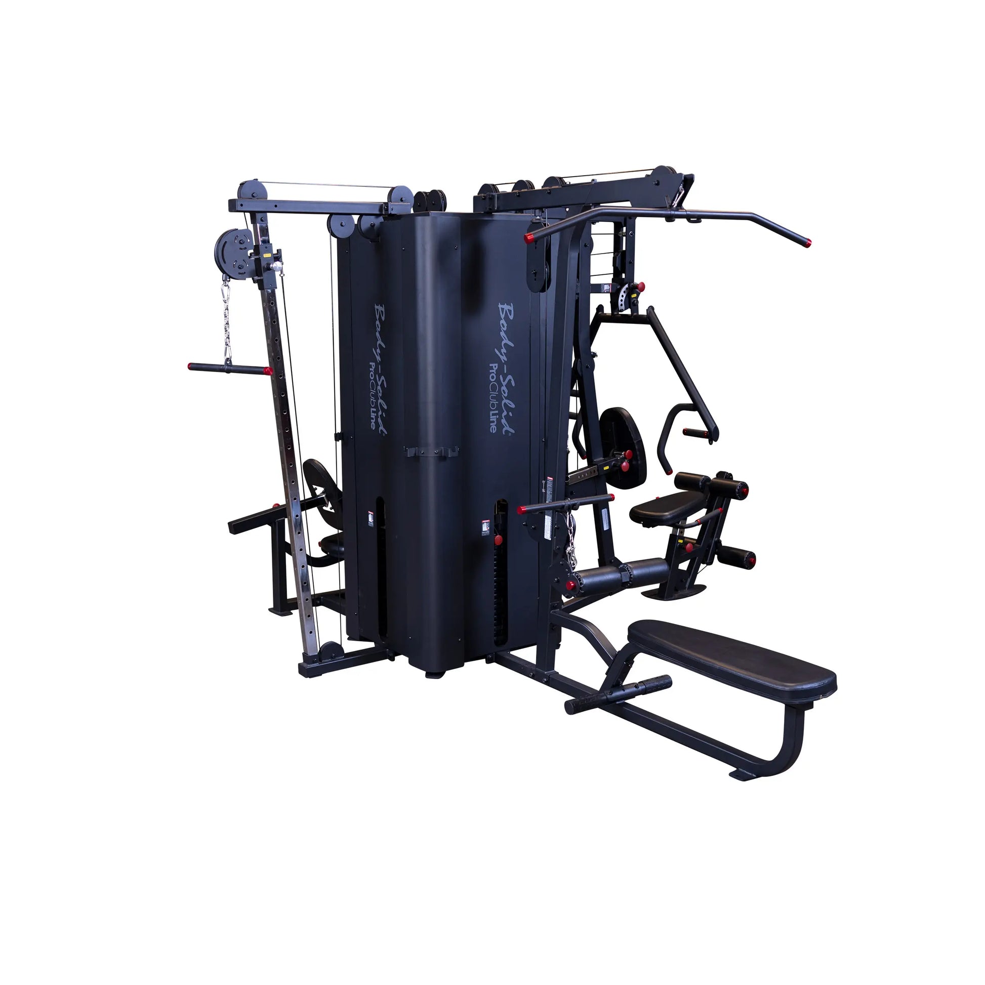 Body-Solid Pro ClubLine Four-Stack Gym S1000, featuring multiple workout stations for strength training, with a sleek black design and adjustable components.