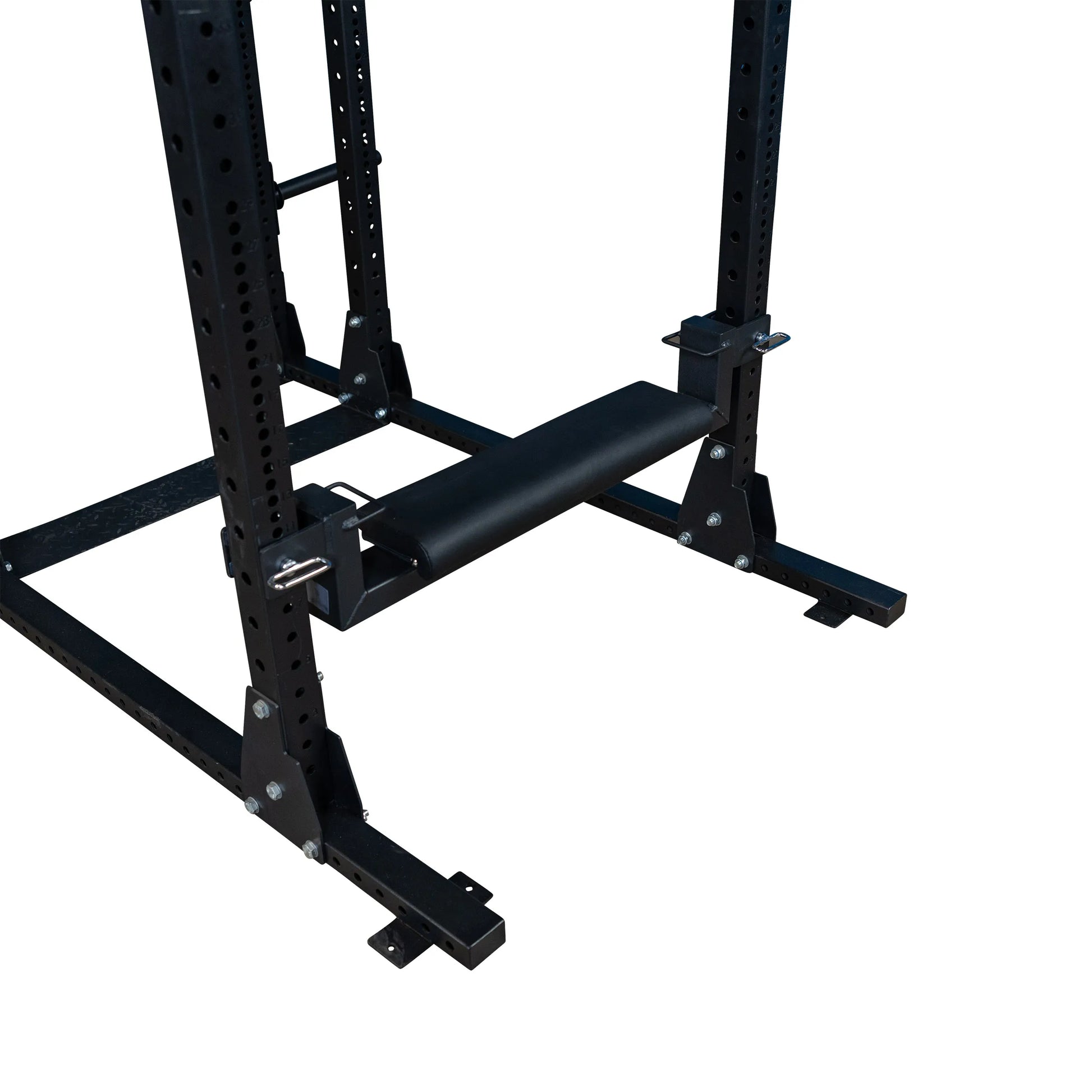 Image of the Body-Solid Pro ClubLine Hip Thrust Attachment SPRHT, showcasing its sturdy black frame and padded bar, designed for effective hip thrust exercises.