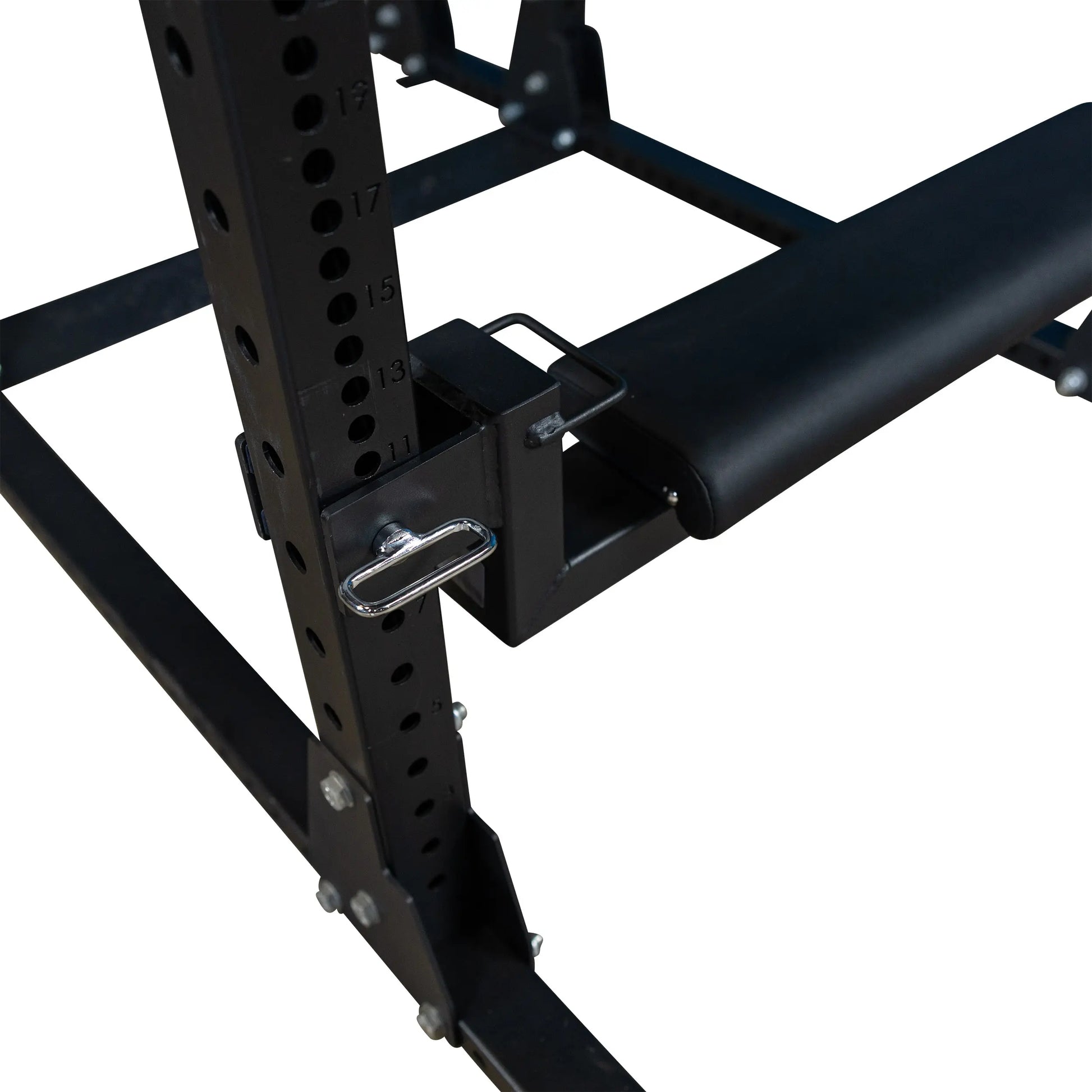 Close-up of the Body-Solid Pro ClubLine Hip Thrust Attachment SPRHT with a focus on the adjustment mechanism and padding.