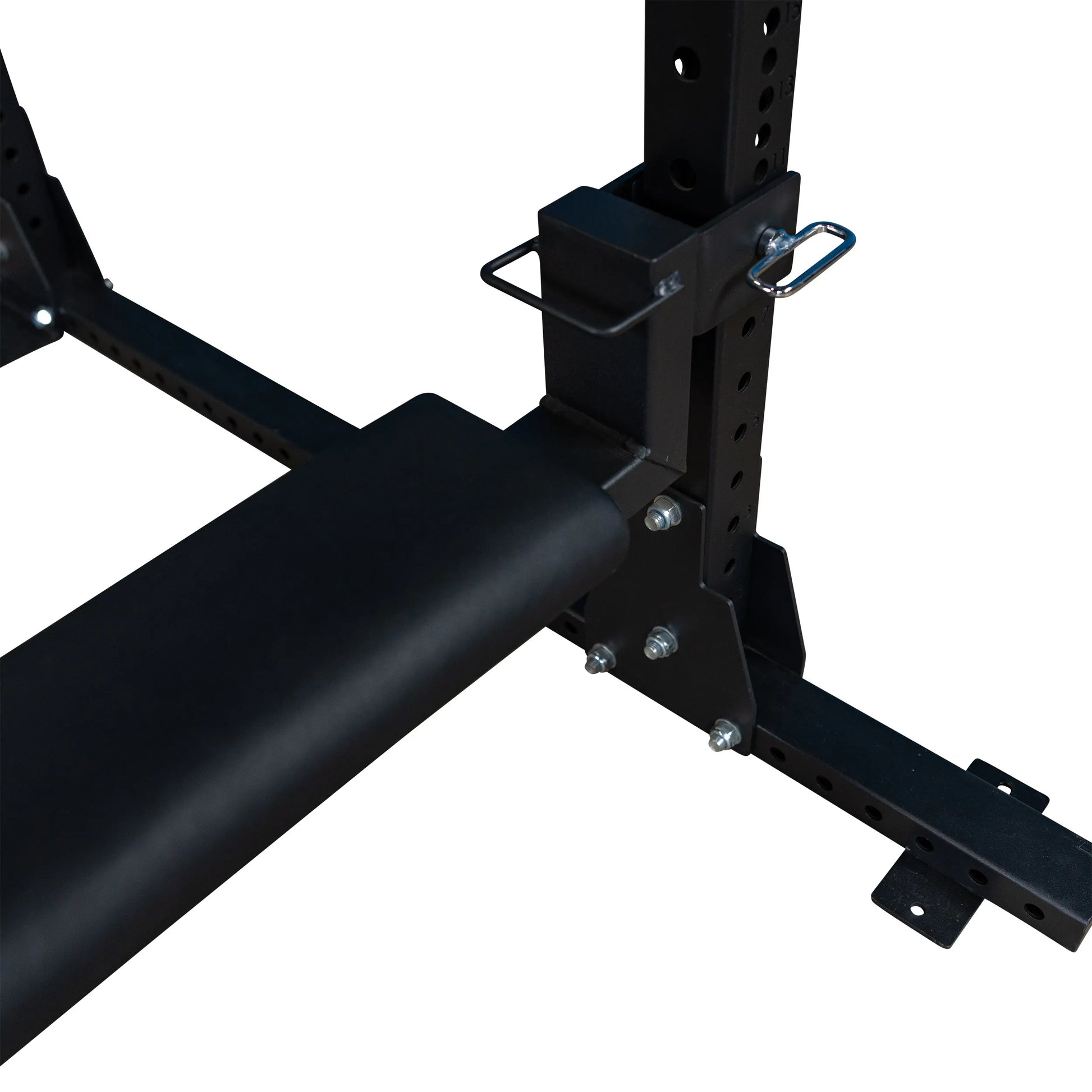 Close-up of the Body-Solid Pro ClubLine Hip Thrust Attachment SPRHT, showcasing its padded roller and attachment points on a weightlifting frame.