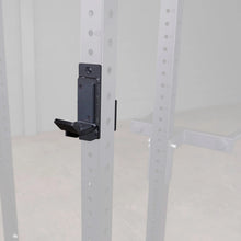 Close-up of Body-Solid Pro ClubLine J-Cups SPRJC attached to a metal rack, showcasing the adjustable hook for secure weight placement.