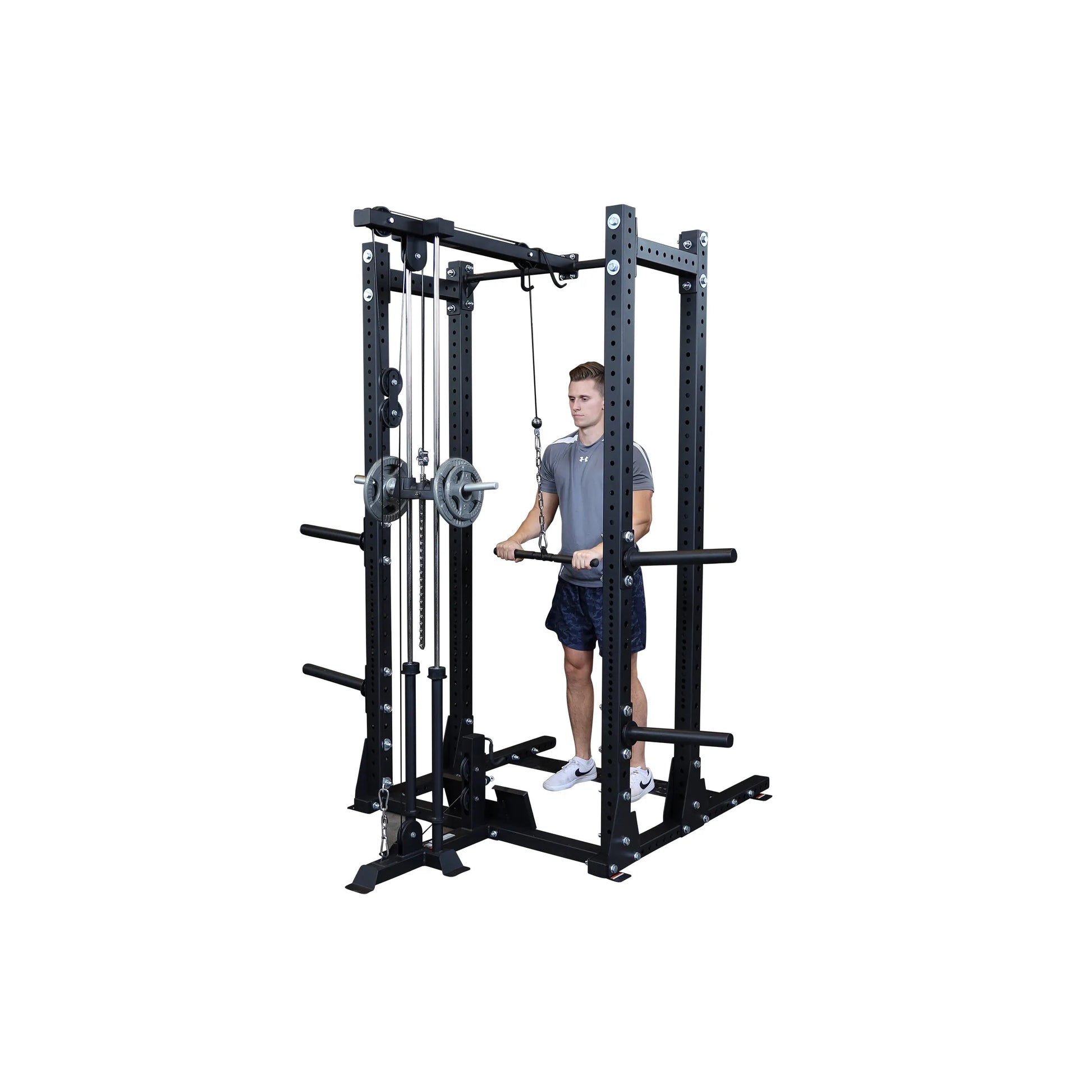 A person using the Body-Solid Pro ClubLine Lat Attachment SPRHLA, demonstrating a lat pulldown exercise on a multi-functional weight training machine.