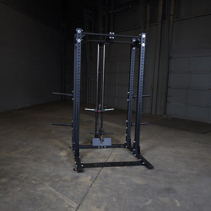 Body-Solid Pro ClubLine Lat Attachment SPRHLA displayed in a spacious gym environment with a concrete floor and minimal background.