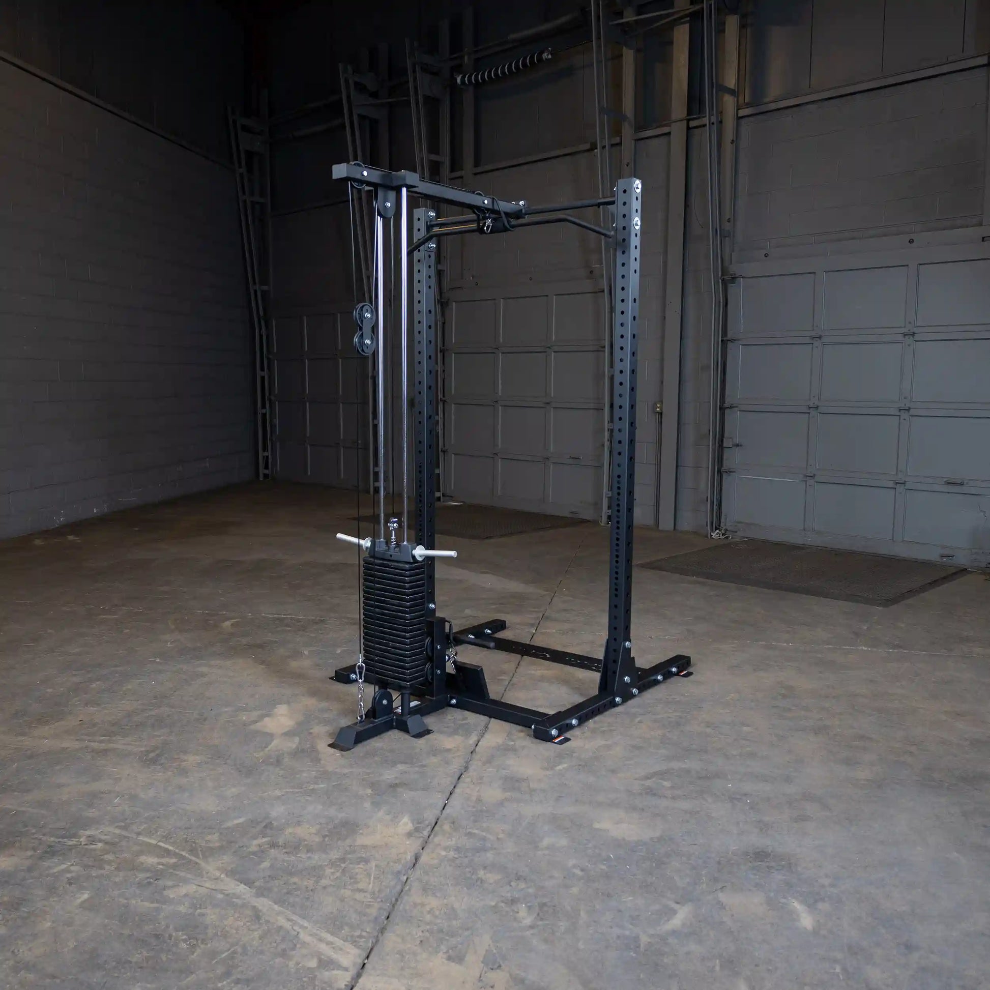 Body-Solid Pro ClubLine Lat Attachment SPRHLA displayed in an empty gym space, featuring a cable system and weight stack.