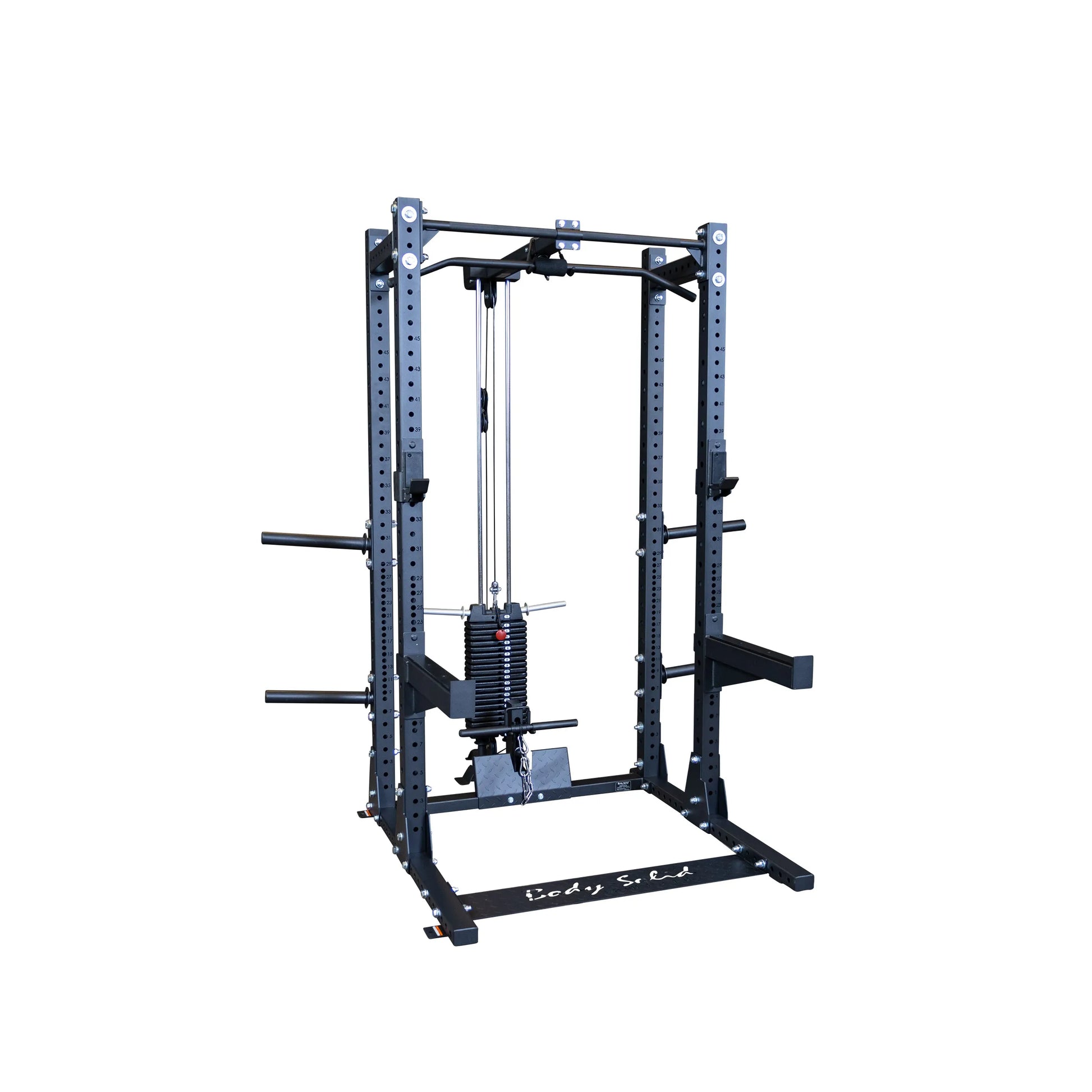 Image of the Body-Solid Pro ClubLine Lat Attachment SPRHLA, a robust gym equipment featuring a cable system and adjustable components for strength training.