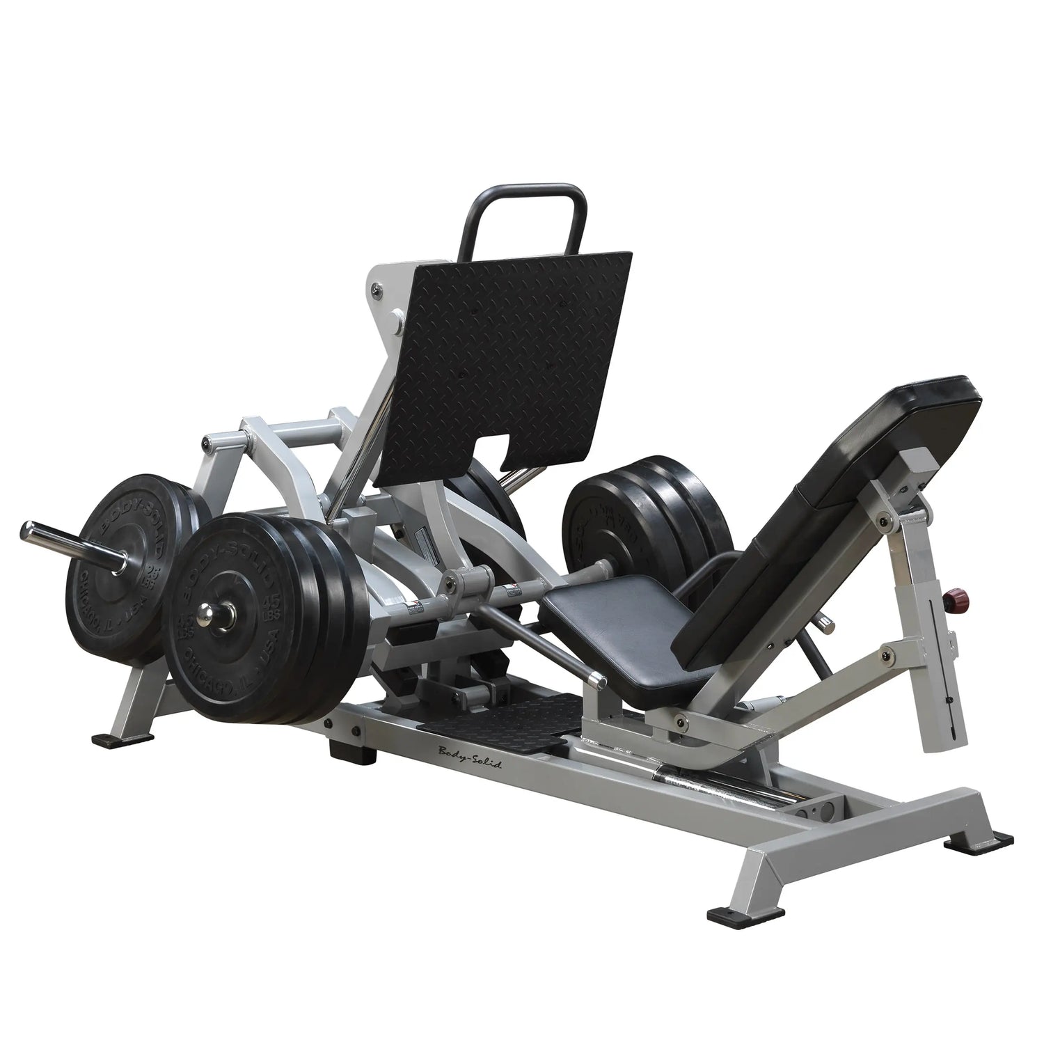 Body-Solid Pro ClubLine Leverage Horizontal Leg Press Machine LVLP with adjustable seat and weight plates, designed for leg workouts.
