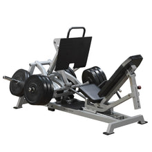 Body-Solid Pro ClubLine Leverage Horizontal Leg Press Machine LVLP with adjustable seat and weight plates, designed for leg workouts.