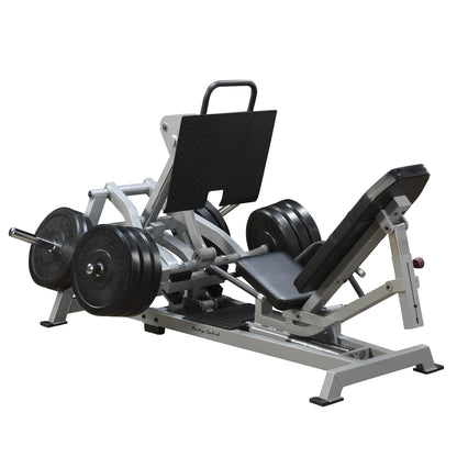 Body-Solid Pro ClubLine Leverage Horizontal Leg Press Machine LVLP with adjustable seat and weight plates, designed for leg workouts.