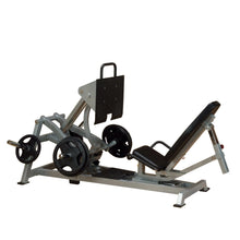 Image of a Body-Solid Pro ClubLine Leverage Horizontal Leg Press Machine LVLP, featuring a sturdy frame, adjustable seat, and weight plates attached for leg exercises.