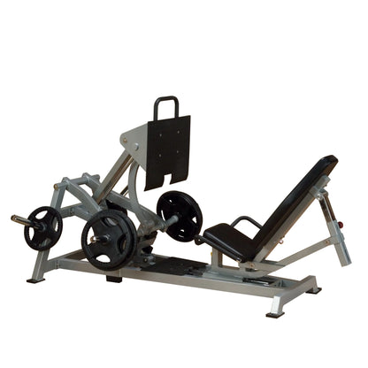 Image of a Body-Solid Pro ClubLine Leverage Horizontal Leg Press Machine LVLP, featuring a sturdy frame, adjustable seat, and weight plates attached for leg exercises.