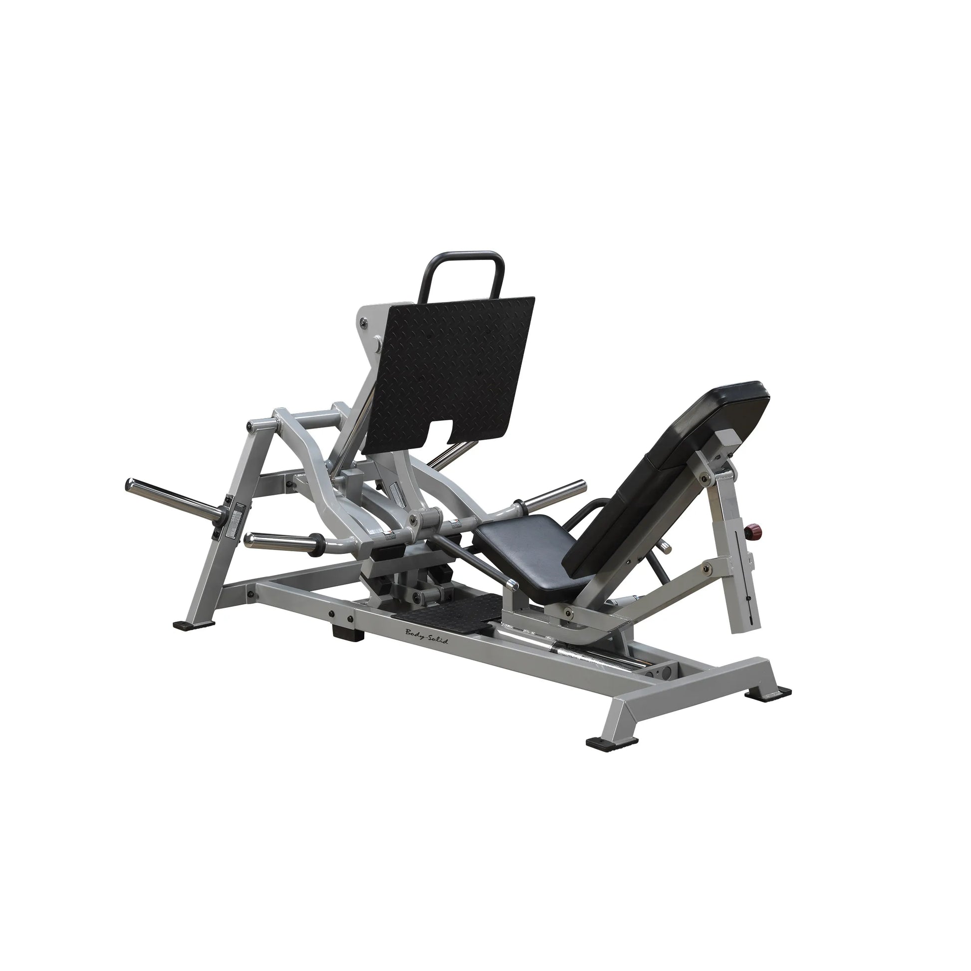 Body-Solid Pro ClubLine Leverage Horizontal Leg Press Machine LVLP, featuring a sturdy frame, adjustable seat, and footplate for leg exercises.