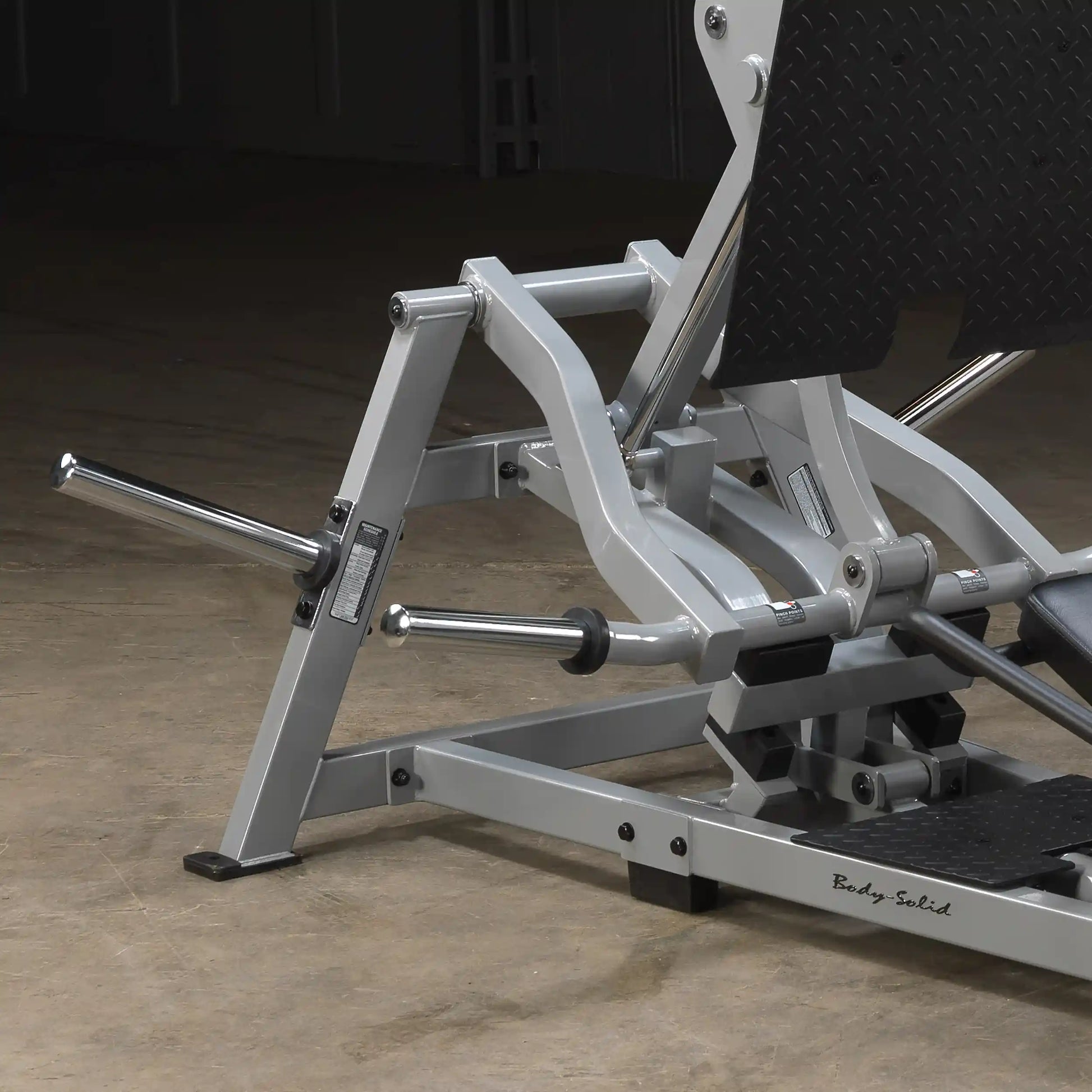 Close-up view of the Body-Solid Pro ClubLine Leverage Horizontal Leg Press Machine LVLP, showcasing the frame and footplate design.