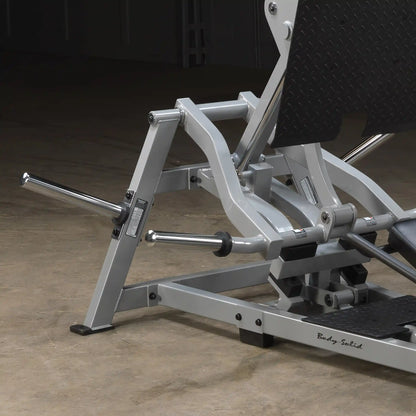 Close-up view of the Body-Solid Pro ClubLine Leverage Horizontal Leg Press Machine LVLP, showcasing the frame and footplate design.