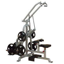 Body-Solid Pro ClubLine Leverage Lat Pulldown Machine LVLA, featuring a sturdy frame with adjustable pulleys, weight plates on either side, and a comfortable seat for strength training exercises.