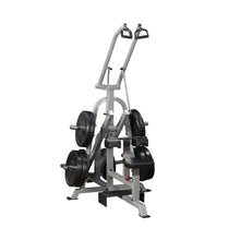Body-Solid Pro ClubLine Leverage Lat Pulldown Machine LVLA with a sturdy frame and adjustable seat, featuring weight plates for resistance.
