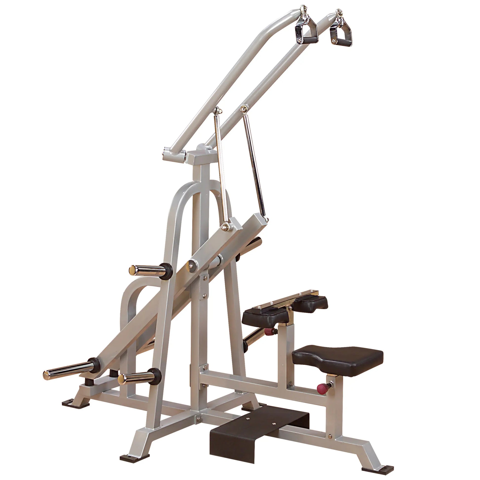 Body-Solid Pro ClubLine Leverage Lat Pulldown Machine LVLA, featuring a sturdy gray frame, dual pulldown arms, and cushioned seating for strength training exercises.