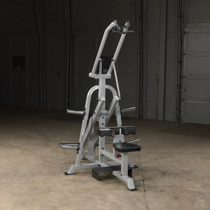 Body-Solid Pro ClubLine Leverage Lat Pulldown Machine LVLA displayed in a gym setting, featuring a sturdy design with adjustable seat and handles.