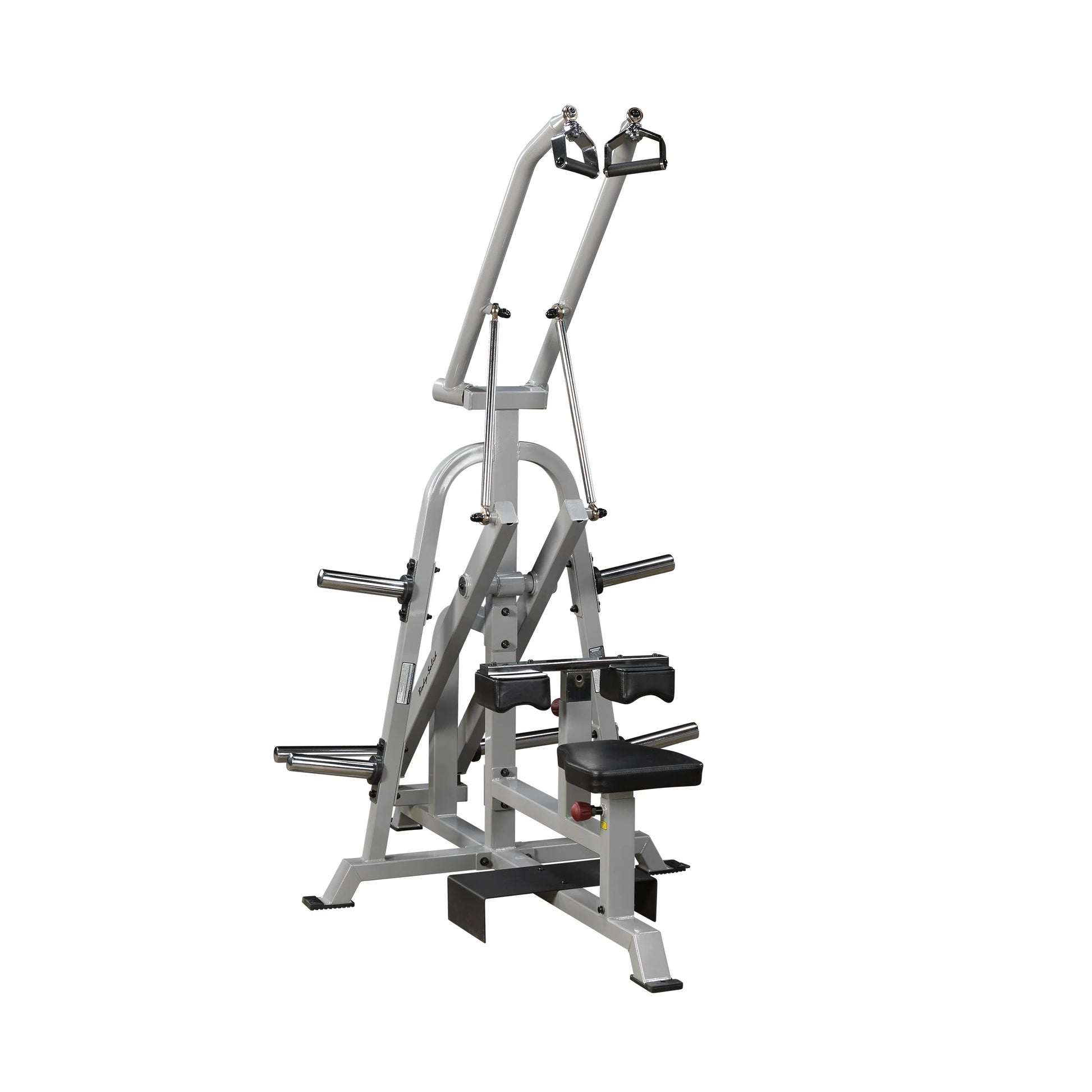 Body-Solid Pro ClubLine Leverage Lat Pulldown Machine LVLA, featuring dual pulldown bars, adjustable seat, and sturdy frame, designed for strength training.