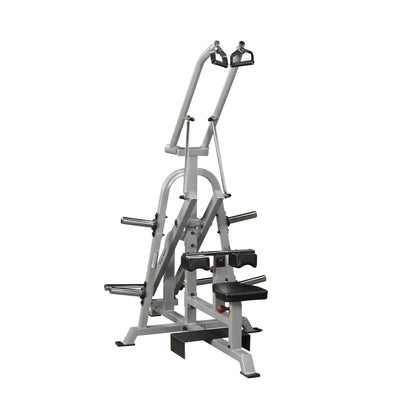 Body-Solid Pro ClubLine Leverage Lat Pulldown Machine LVLA, featuring dual pulldown bars, adjustable seat, and sturdy frame, designed for strength training.