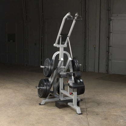 Body-Solid Pro ClubLine Leverage Lat Pulldown Machine LVLA displayed in a gym setting with weights attached.