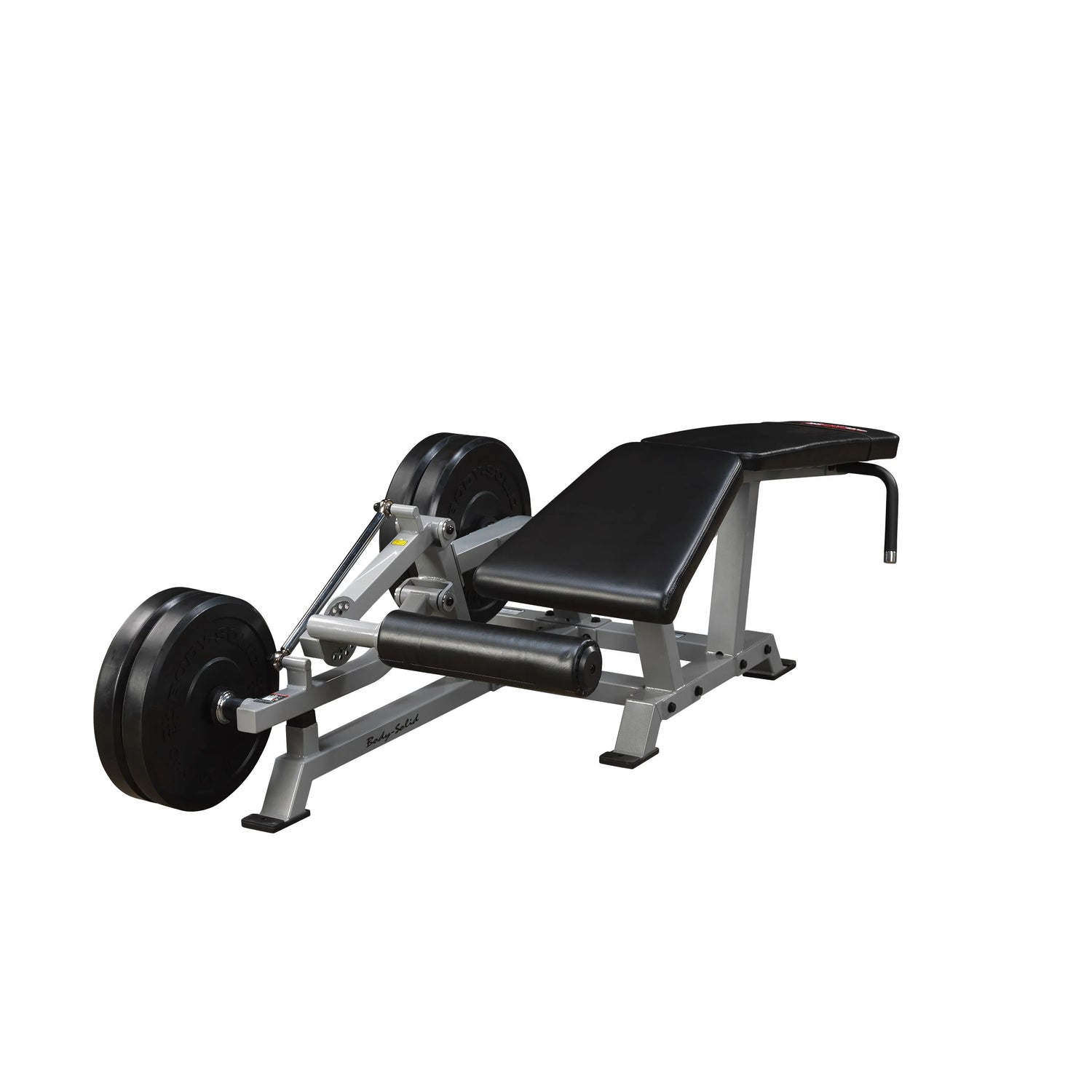 Body-Solid Pro ClubLine Leverage Leg Curl Machine LVLC, featuring a sturdy frame, padded bench, and weight plates for leg workout exercises.