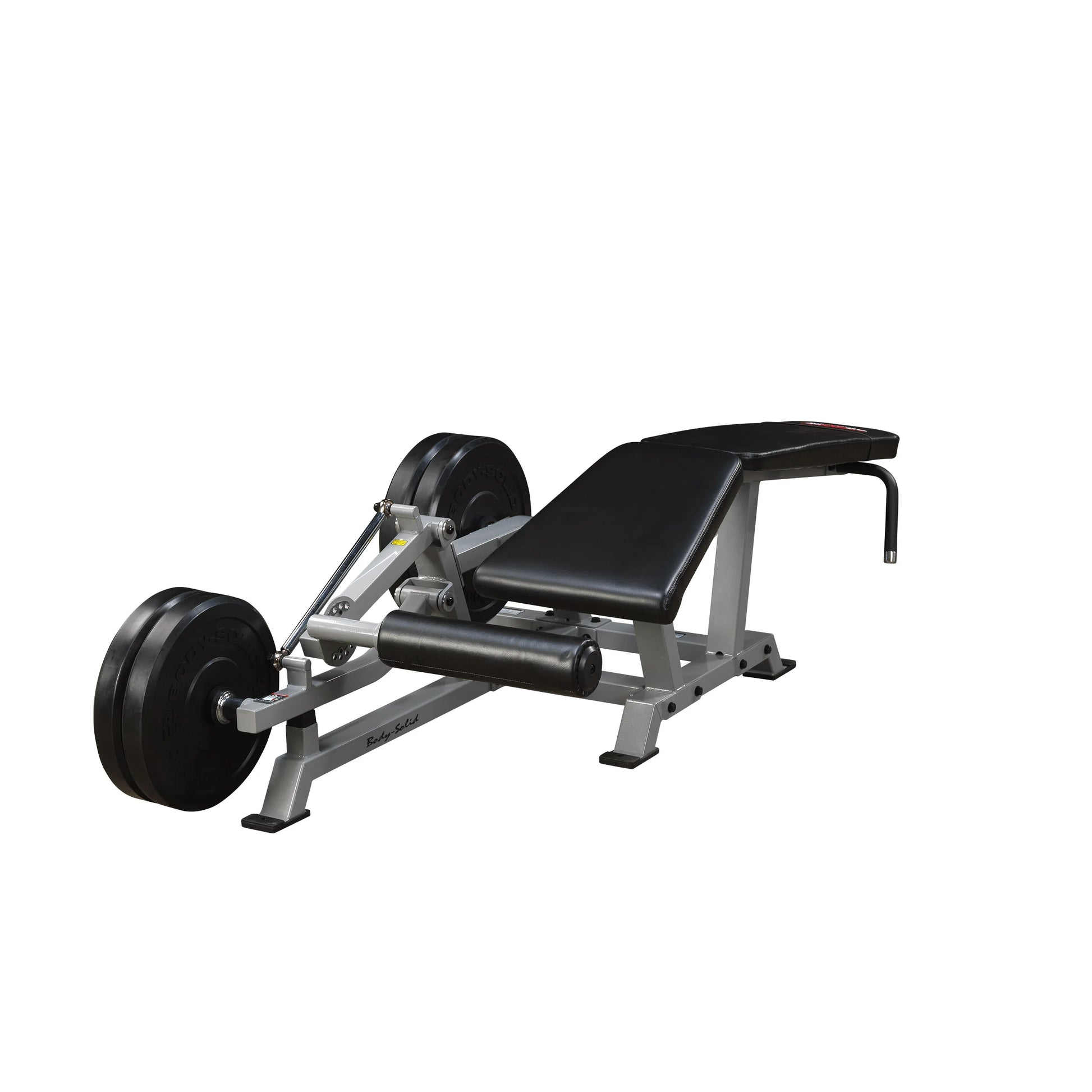 Body-Solid Pro ClubLine Leverage Leg Curl Machine LVLC, featuring a sturdy frame, padded bench, and weight plates for leg workout exercises.