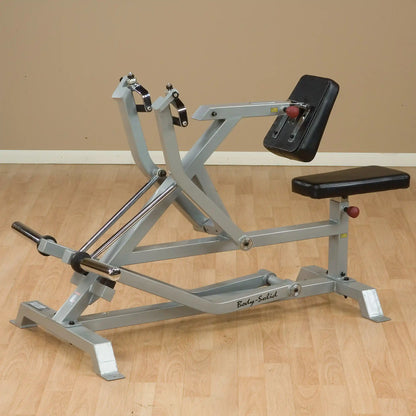 Body-Solid Pro ClubLine Leverage Seated Row Machine LVSR, featuring adjustable seat and handles, designed for strength training in a gym setting.