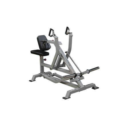 Body-Solid Pro ClubLine Leverage Seated Row Machine LVSR, featuring a sturdy frame, adjustable seat, and grips for seated rowing exercises.