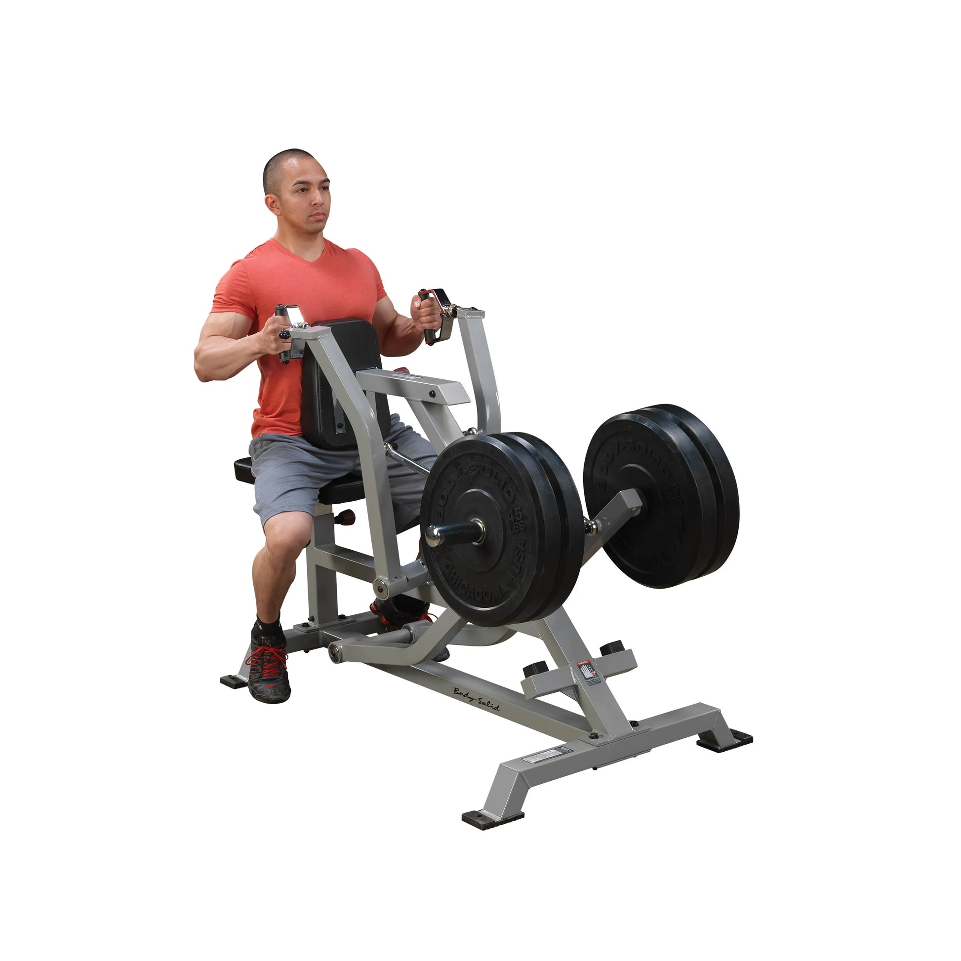 Individual using the Body-Solid Pro ClubLine Leverage Seated Row Machine LVSR, performing a seated row exercise with weights.