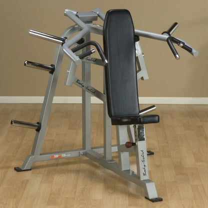 Body-Solid Pro ClubLine Leverage Shoulder Press Machine LVSP, featuring a padded seat and adjustable arm positions, set against a neutral background.