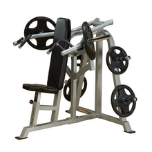 Body-Solid Pro ClubLine Leverage Shoulder Press Machine LVSP featuring a padded seat, adjustable arm supports, and weight plates on the side.