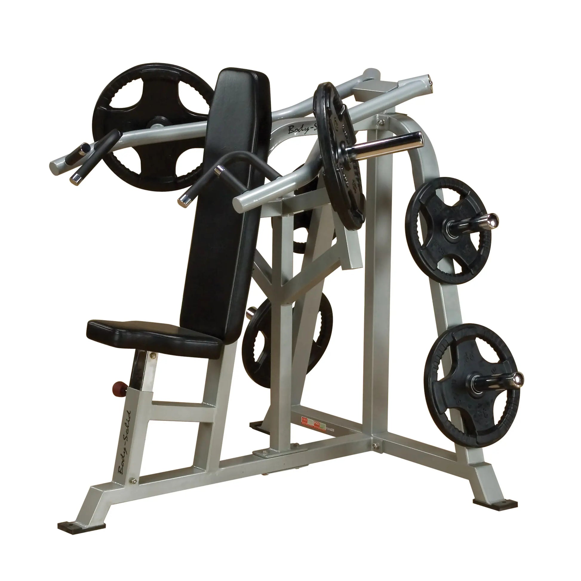 Body-Solid Pro ClubLine Leverage Shoulder Press Machine LVSP featuring a padded seat, adjustable arm supports, and weight plates on the side.