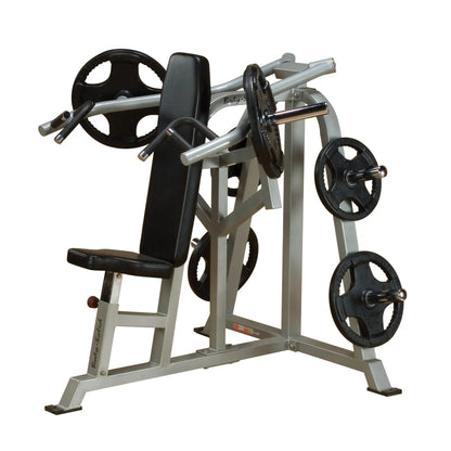 Body-Solid Pro ClubLine Leverage Shoulder Press Machine LVSP featuring a padded seat, adjustable arm supports, and weight plates on the side.