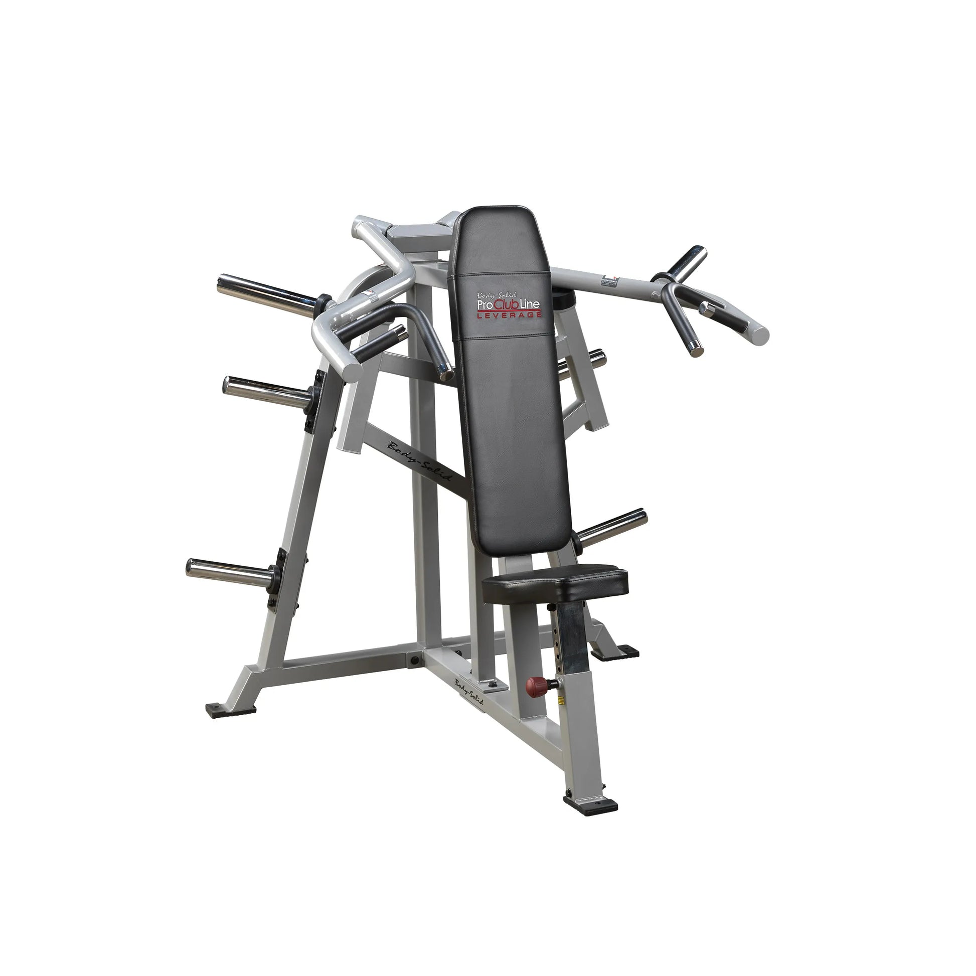 Body-Solid Pro ClubLine Leverage Shoulder Press Machine LVSP featuring a padded seat and multiple weight loading arms, designed for strength training and shoulder workouts.