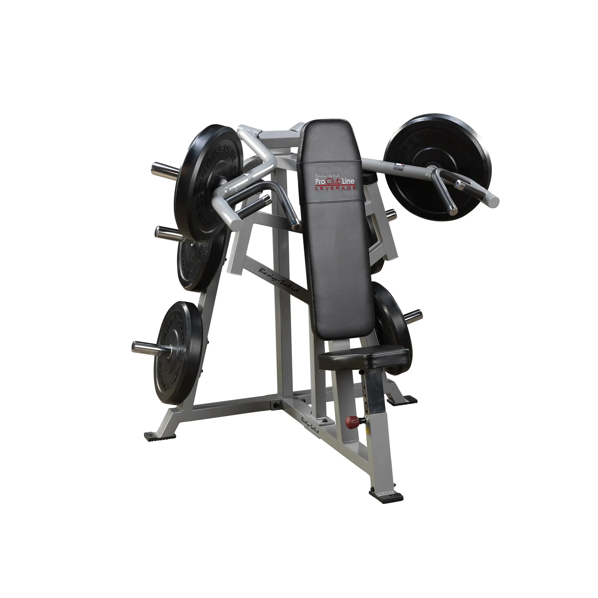 Body-Solid Pro ClubLine Leverage Shoulder Press Machine LVSP with adjustable seat and weight plates attached, designed for shoulder workouts.