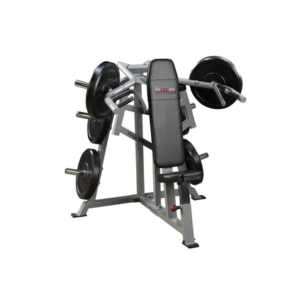Body-Solid Pro ClubLine Leverage Shoulder Press Machine LVSP with adjustable seat and weight plates attached, designed for shoulder workouts.