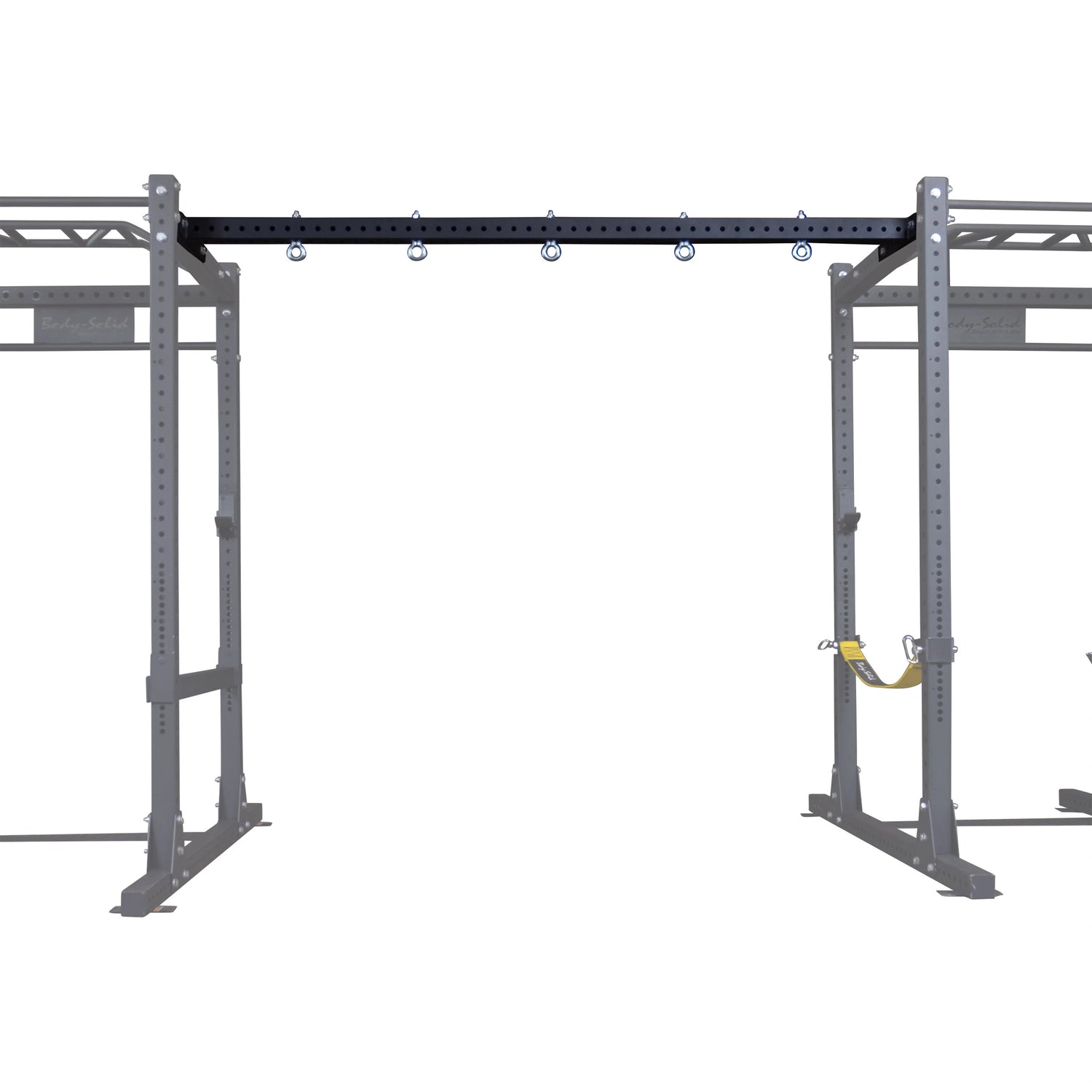 A Body-Solid Pro ClubLine Power Rack with the Connecting Bar SPRACB installed, featuring a sturdy black bar with hooks, connecting two metal rack frames.